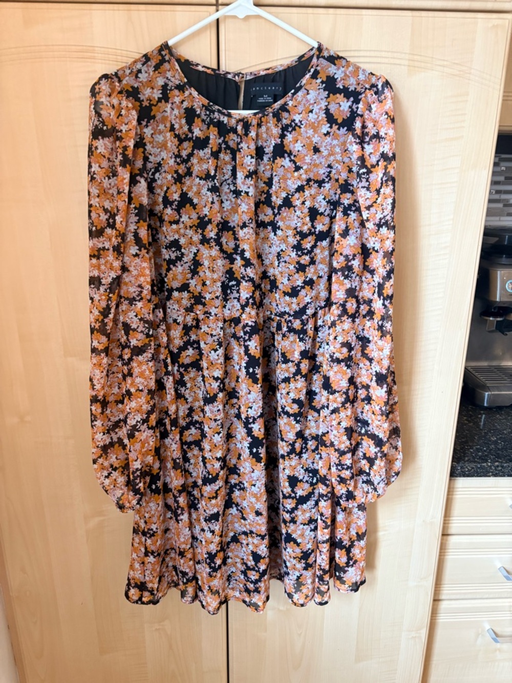 Sanctuary Floral Long Sleeve Mini Dress — Black with Orange & Pink Flowers